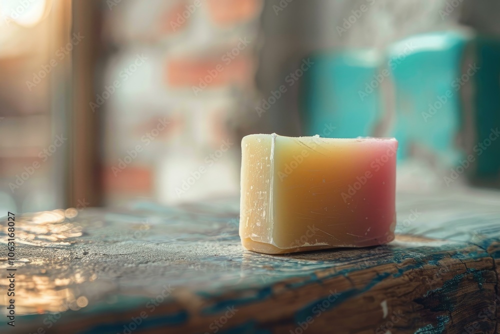 Poster single colorful bar of soap sits on a rustic wooden surface, bringing a touch of vibrant cheer to a 