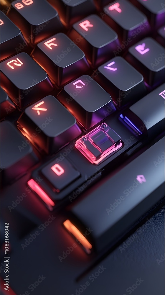 Poster a close-up of a gaming keyboard with colorful backlighting and a highlighted key.