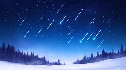 Night Sky with Meteor Shower Over Snowy Landscape