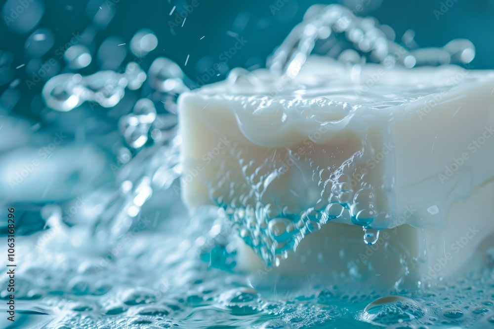 Poster white soap bar is splashing in water creating bubbles