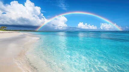 A bright rainbow arching over calm turquoise waters with a clear horizon at sea