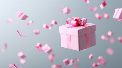 Pastel Pink Gift Box with Ribbons and Confetti