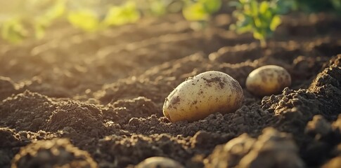 Obraz premium Close-up of potatoes being buried in the ground with a Shovel 