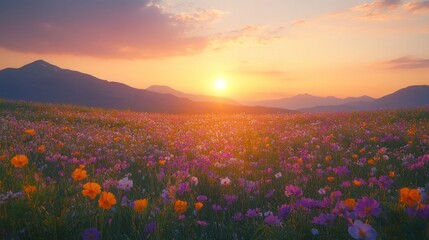 Obraz premium A cinematic field of wildflowers swaying in the spring breeze, with the distant silhouette of mountains under a wide, colorful sky