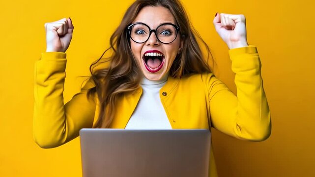 A woman in a yellow jacket celebrates in front of a yellow background with her arms raised and a laptop in front of her