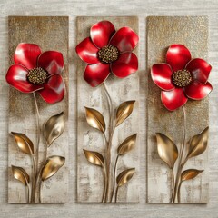 A set of three luxurious 3D floral wall art panels in red and gold, featuring highly detailed flowers with a metallic sheen
