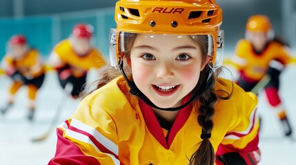 Young girl wearing a yellow and red hockey jersey is smiling and posing for a picture. She is wearing a helmet and is surrounded by other young girls in hockey gear