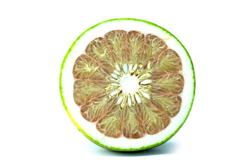 Close up of cross section Pomelo or Citrus maxima or shaddock fruit of grapefruit isolated on whitebackground stacking