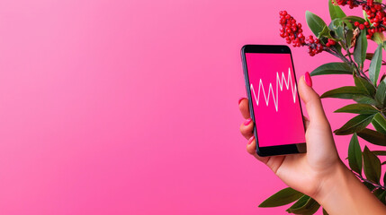A smartphone displays a pink chart on a vibrant pink background, complemented by green leaves and red flowers.
