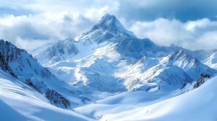 Obraz premium A snow-capped mountain peak with a cloudy sky in the background.