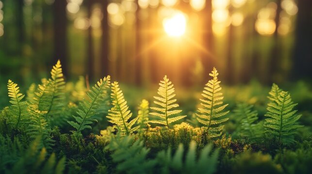 A close-up of delicate green ferns unfurling in the soft spring light, with a blurred forest background