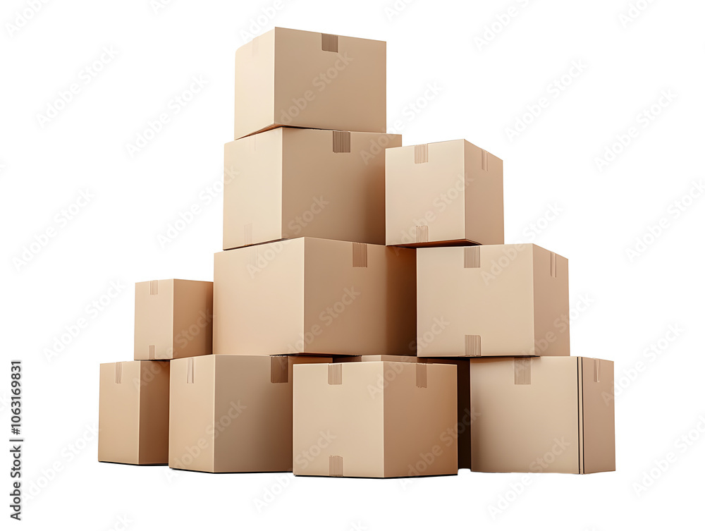 Poster stack of cardboard boxes isolated on transparent background