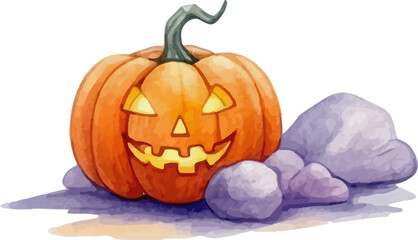 Orange Jack-O'-Lantern Halloween Watercolor Illustration