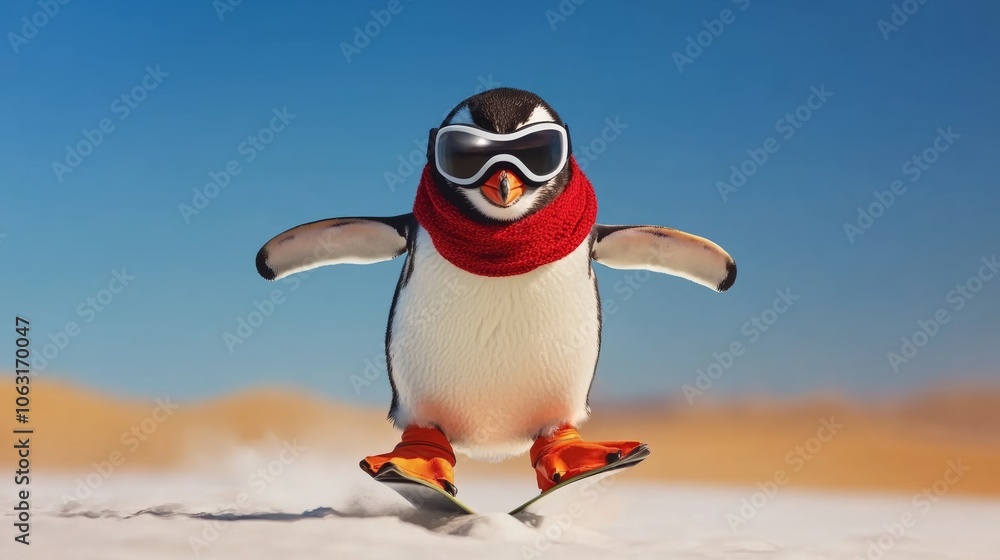 Poster penguin wearing goggles and a red scarf is skiing on a snowy surface. the penguin appears to be havi
