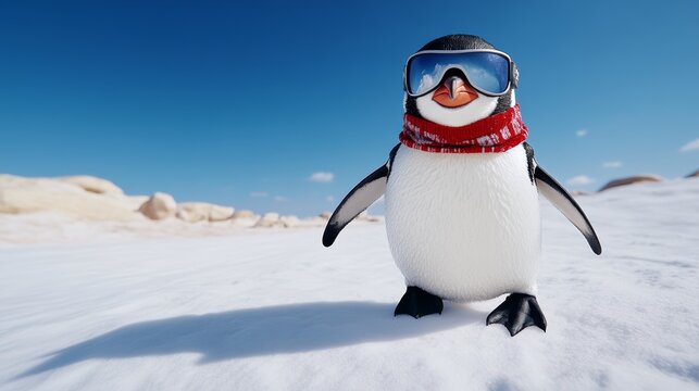 Penguin wearing goggles and a red scarf stands on a snowy beach. The scene is bright and cheerful, with the penguin looking happy and ready for adventure
