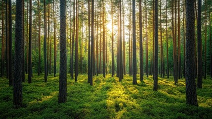 A dense pine forest full of tall trees, sunlight through the branches, creating a peaceful atmosphere