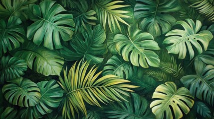 A dense tropical leaf wall covered with palm and banana leaves creates a refreshing tropical forest atmosphere.