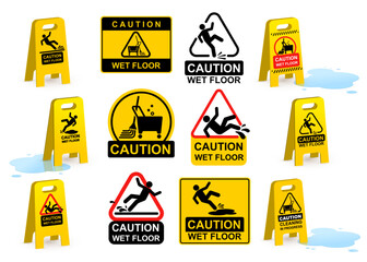 Set of Wet Floor caution sign and water puddle. Template public warning yellow and black symbol, icon. Falling human pictogram. Slippery surface beware plastic board design element. Vector Wet Floor.