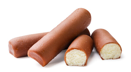 Glazed curd cheese bar and halves on a white background. Isolated