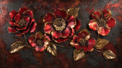 A set of three luxurious 3D floral wall art panels in red and gold, featuring highly detailed flowers with a metallic sheen