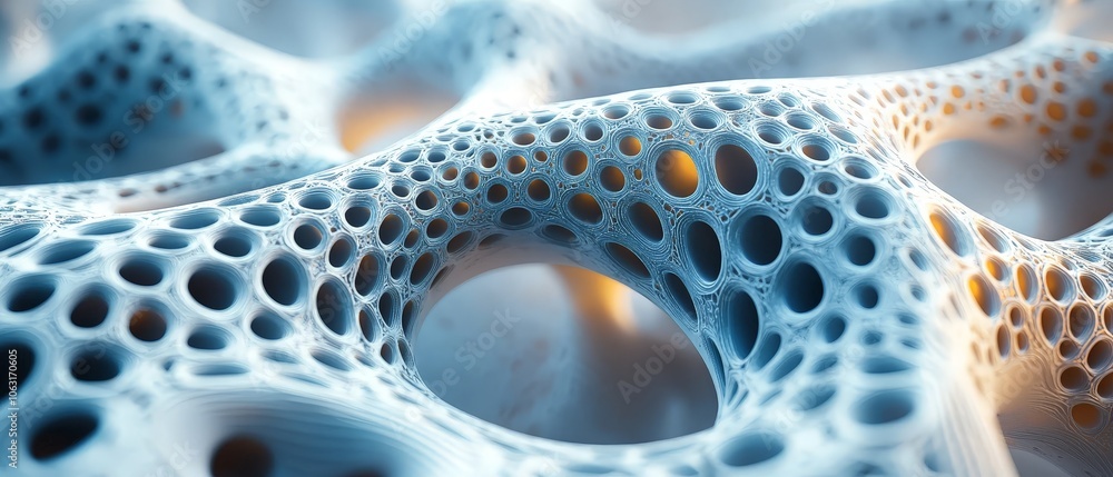 Fototapete abstract close-up of a porous, organic structure with intricate patterns and soft lighting.