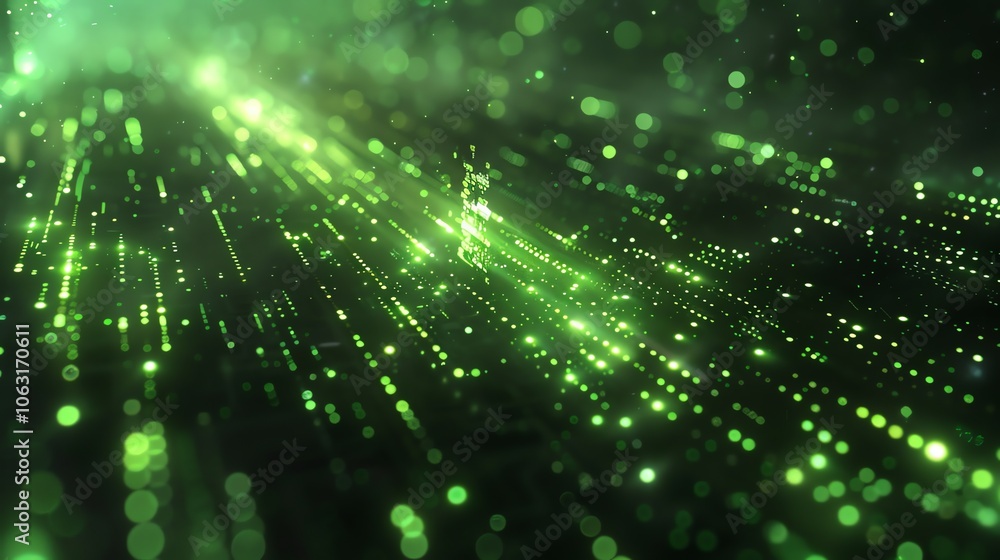 Poster abstract green background with glowing lines and particles.