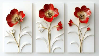 A set of three luxurious 3D floral wall art panels in red and gold, featuring highly detailed flowers with a metallic sheen