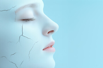 A serene look on a cracked, pale face against a soft blue background in a surreal style