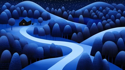 Obraz premium Serene Snowy Landscape with Winding Path and Stars