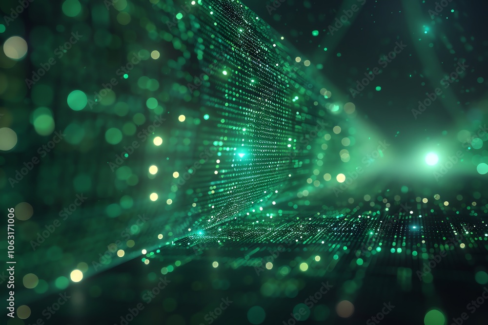 Poster abstract green digital background with glowing lines and particles, representing data, technology, a