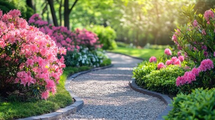 Obraz premium A garden path lined with blooming flowers and vibrant green shrubs, creating a tranquil spring setting