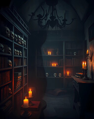 a room with a lot of candles and skulls on the table and books on the shelves and a window, Dirk Crabeth, gothic art, arcane, a still life