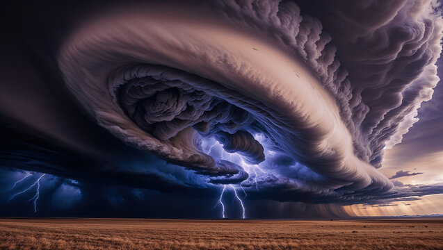 Storm clouds swirl over landscape. Generative AI