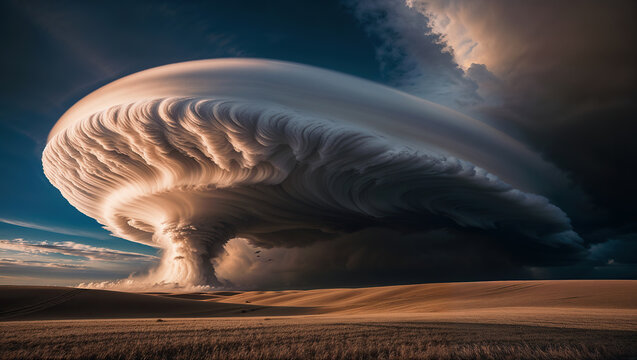 Majestic tornado over vast golden fields under stormy skies