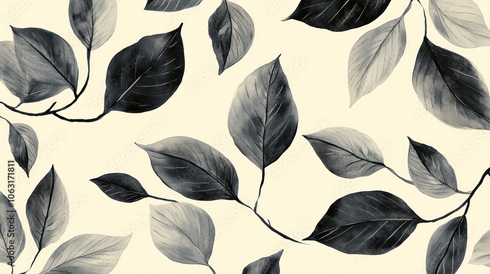 Poster a hand-painted leaf pattern with delicate black and white tones, creating a classic and elegant patt