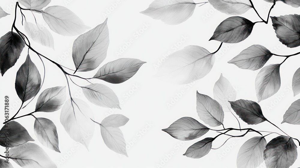 Poster a hand-painted leaf pattern with delicate black and white tones, creating a classic and elegant patt