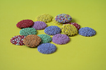 This close-up of colorful candies is a treat for the eyes, perfect for children's birthday parties....