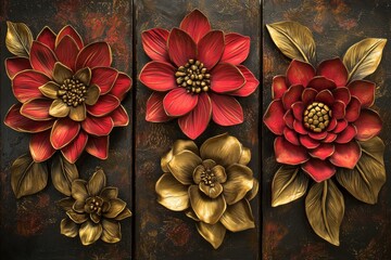 A set of three luxurious 3D floral wall art panels in red and gold, featuring highly detailed flowers with a metallic sheen