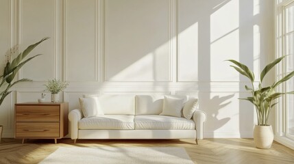 A white-themed living room featuring a modern sofa, a stylish drawer,
