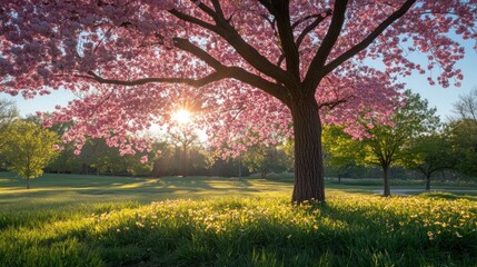 Naklejka premium A large tree in full bloom with vibrant green leaves and pink blossoms, standing in a sunlit field