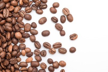 Coffee beans isolated on white background, top view