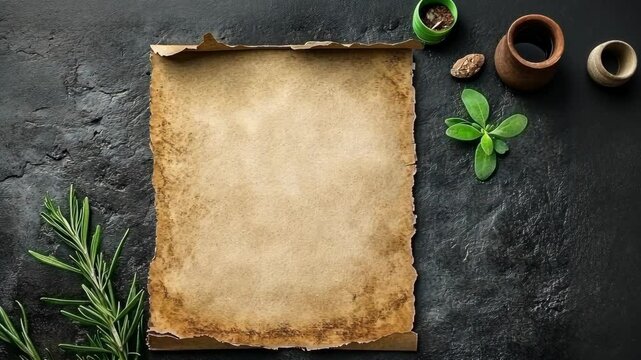 A blank parchment scroll lays on a black surface with sprigs of rosemary and sage, an earthenware pot, and other items surrounding it