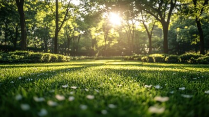 A lush landscape of fresh green grass and budding trees glowing in the soft spring sunlight