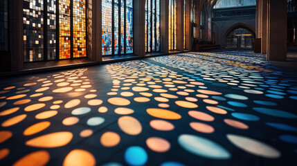 Interior of a building with colorful stained glass windows casting vibrant patterns of light and color onto the floor. The environment appears serene and architecturally detailed.
