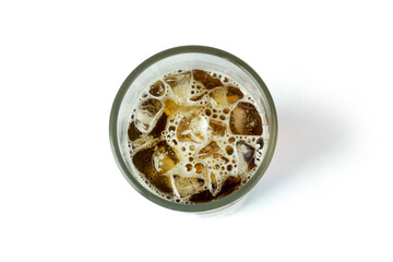 Americano ice coffee in a glass, isolated on white background, with clipping path, top view, flat lay