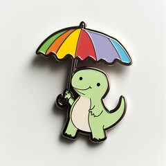 A green dinosaur holding a colorful umbrella.