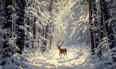A deer walks through a snowy forest.