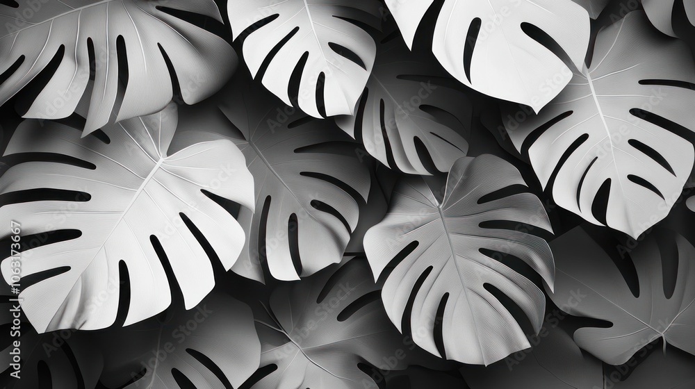 Poster a monstera leaf pattern that spreads rhythmically, with clear and balanced lines.