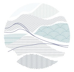 Oriental Japanese style vector abstract illustration in a shape of circle, background in Asian traditional style, wavy shapes and mountains terrain, runny like sea lines.