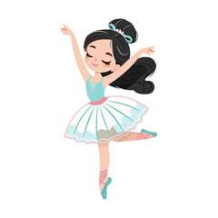 Fototapeta premium Pretty and gentle little ballerina girl in white, blue and pink dress dancing on white background. Poster, Banner, Flyer, Greeting Card. Vector illustration in flat cartoon style